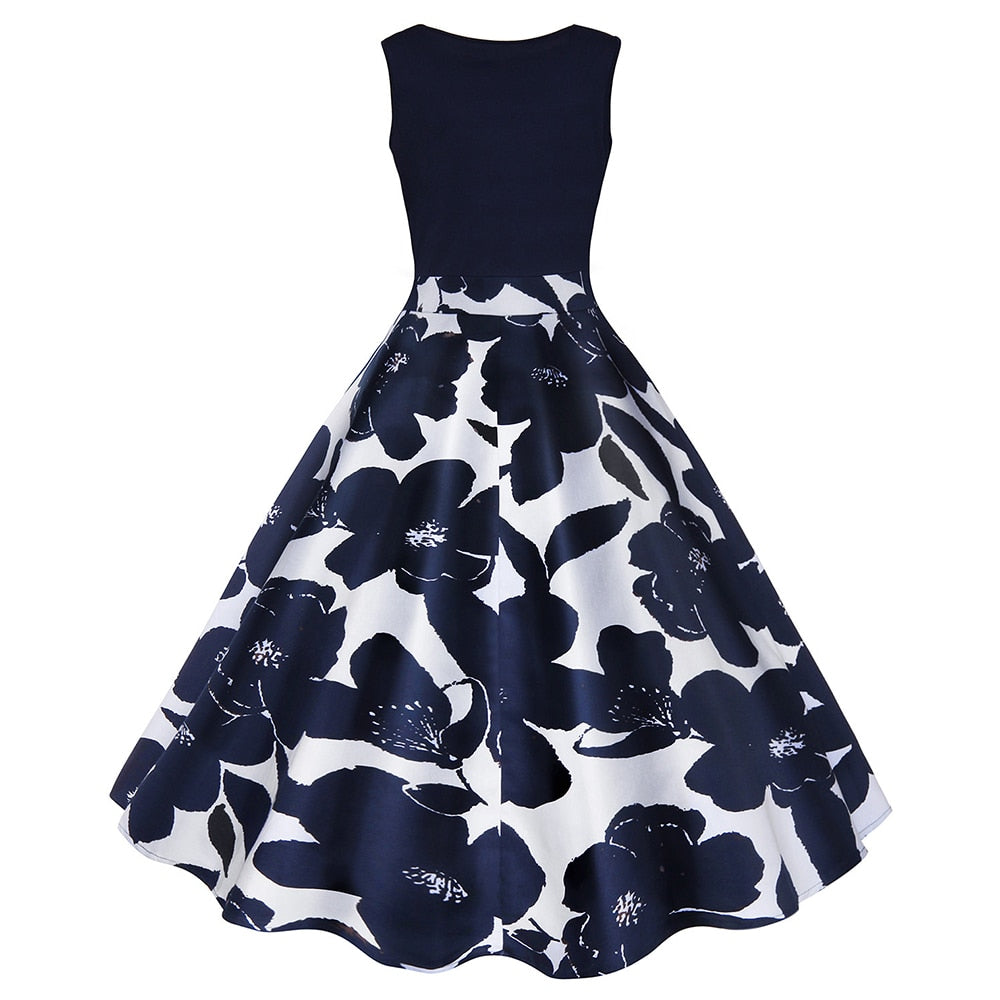 Women Floral Print High Waist Vintage Dress
