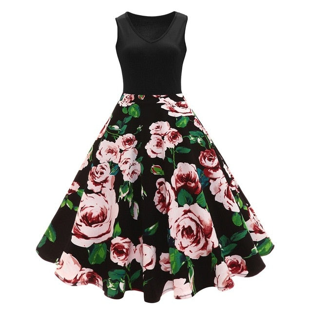 Women Floral Print High Waist Vintage Dress