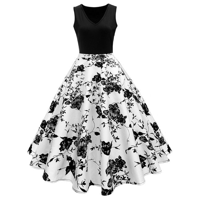 Women Floral Print High Waist Vintage Dress