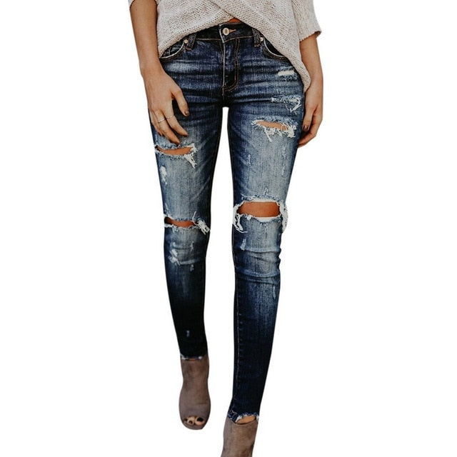 Women Denim Pencil Pants Casual Holes Jeans
