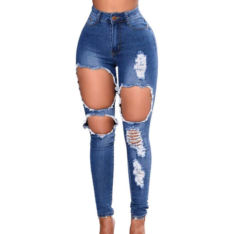 Women Hole Ripped Stretch High Elastic Denim Jeans
