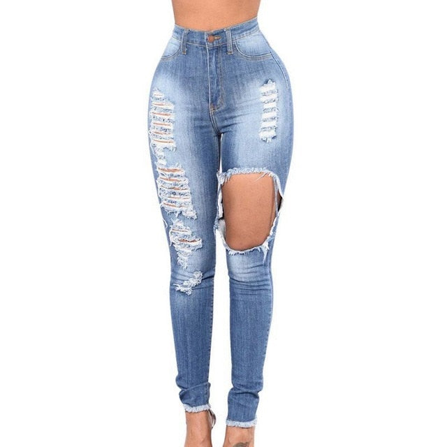Women Hole Ripped Stretch High Elastic Denim Jeans
